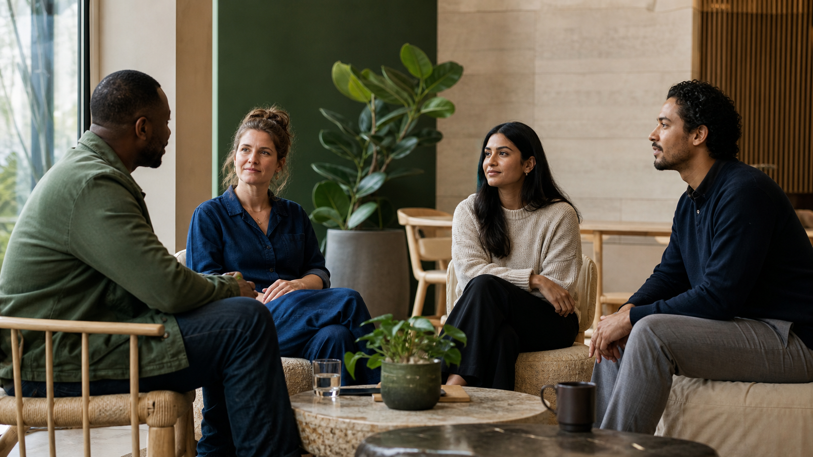 Adults from different backgrounds sharing a calm community space