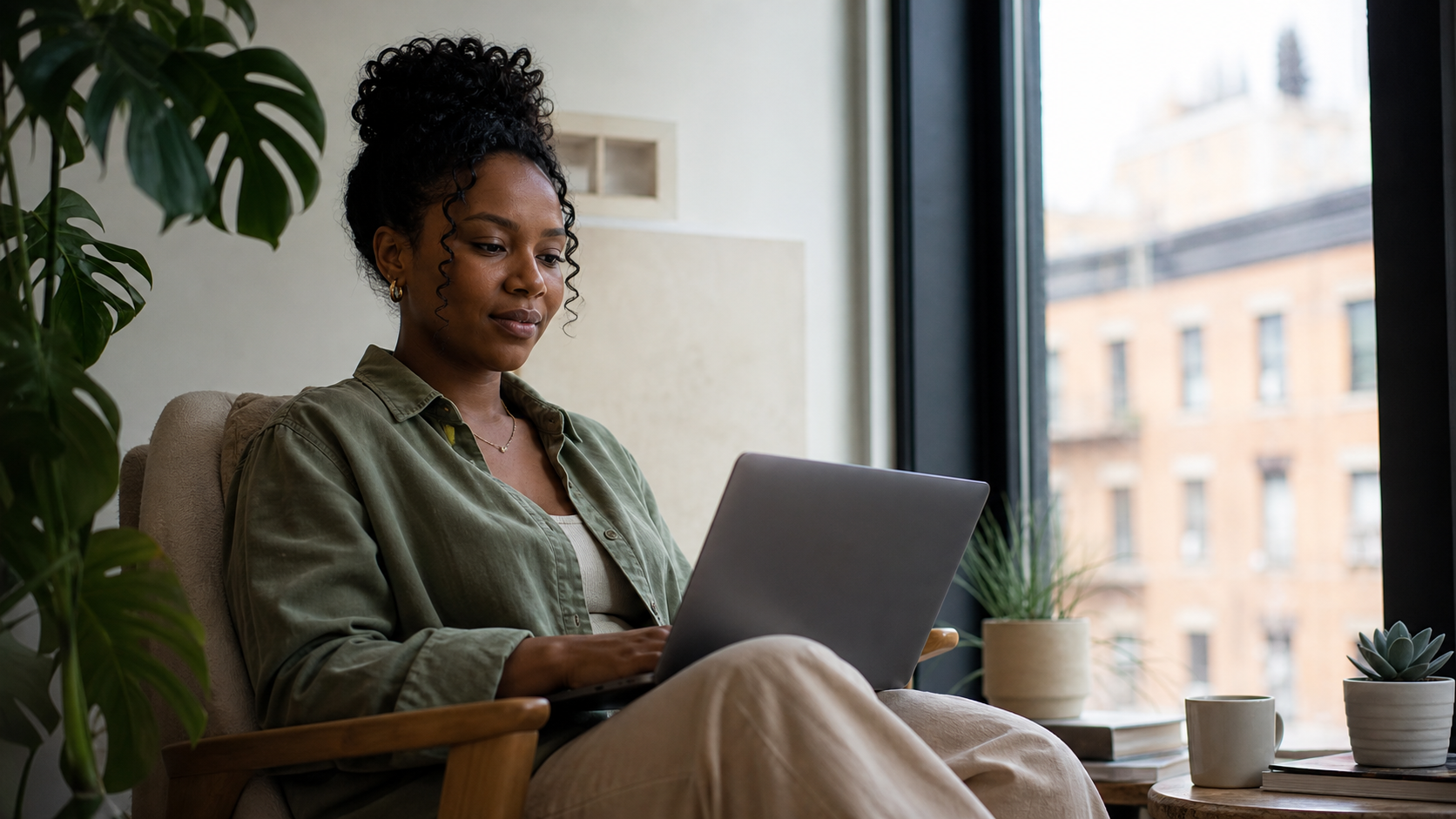 A woman using a laptop in an accessible home setting