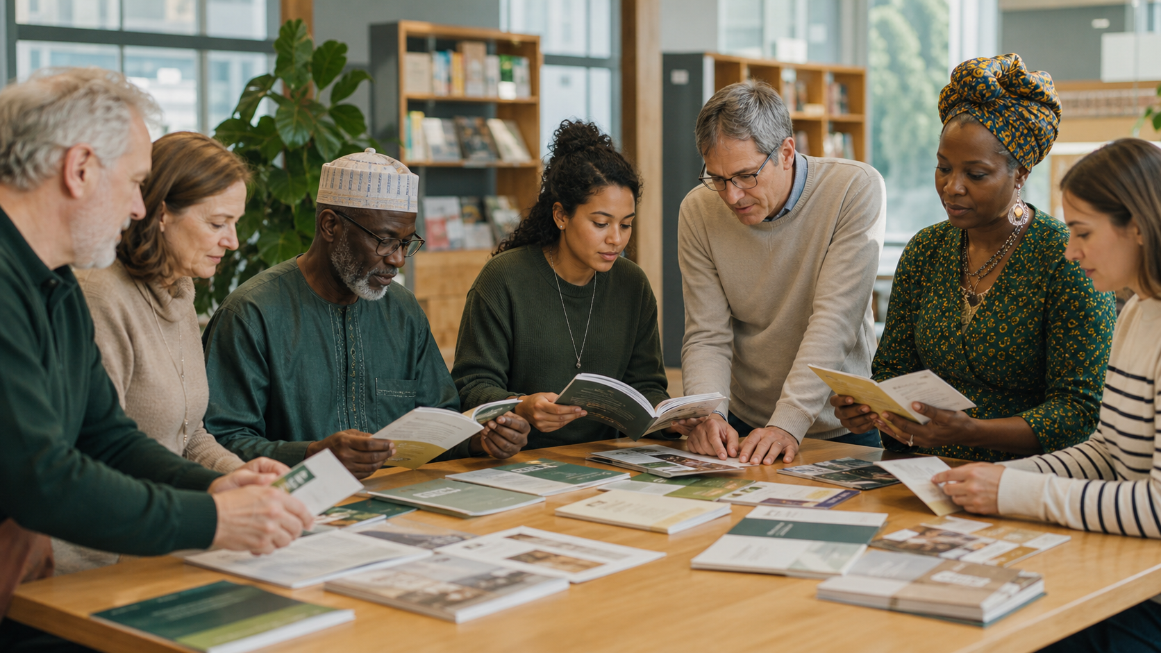 Adults from different backgrounds reviewing wellbeing resources together